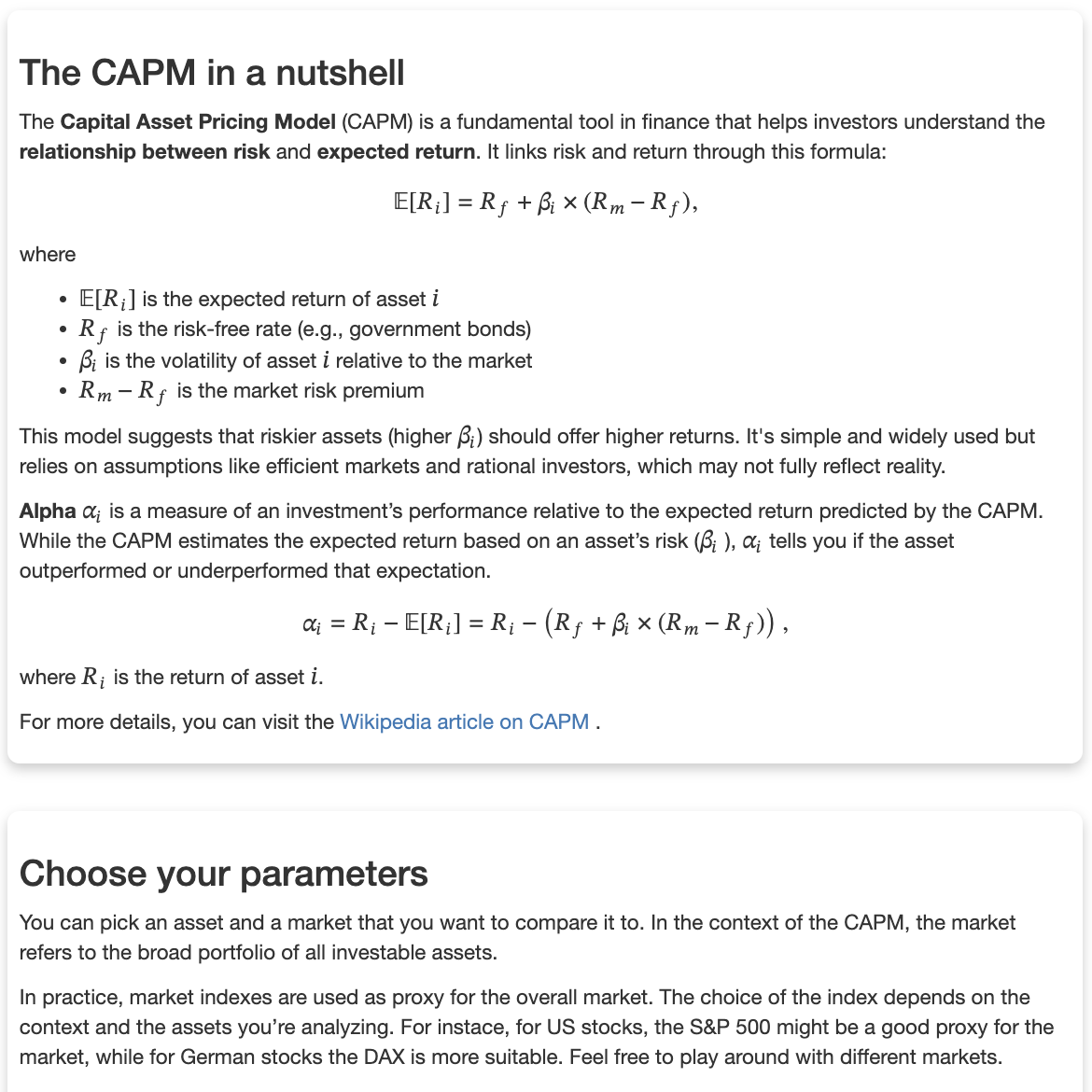 A screenshot of the alpha estimator app.